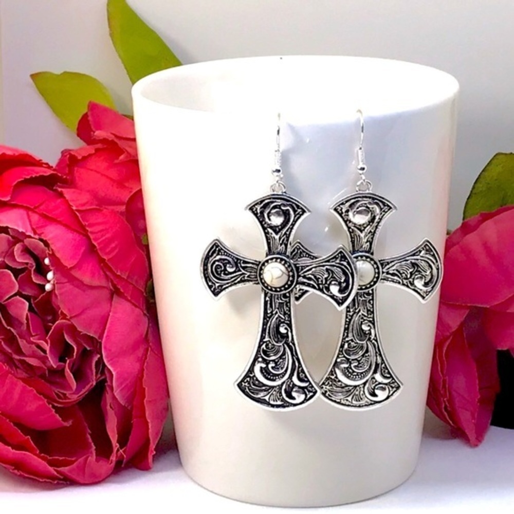 NWT Earrings Silver Cross Southwestern Natural Turquoise Western Rodeo Religion